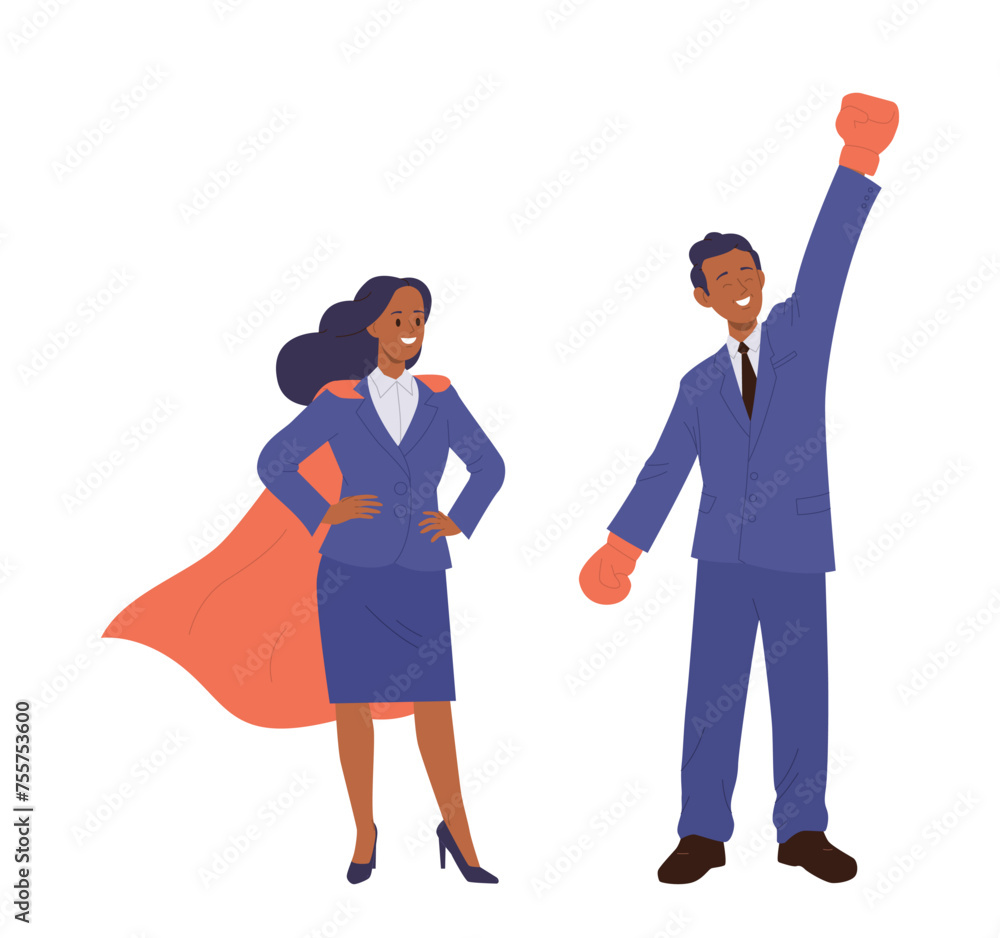 Confident businesswoman and brave businessman cartoon superhero characters feeling success and power Confident businesswoman and brave businessman cartoon superhero characters feeling success and power