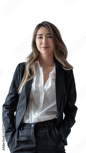 Beautiful young business woman in black suit posing isolated on transparent background.