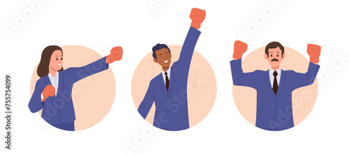 Isolated round composition set with happy businesspeople cartoon characters wearing boxing gloves