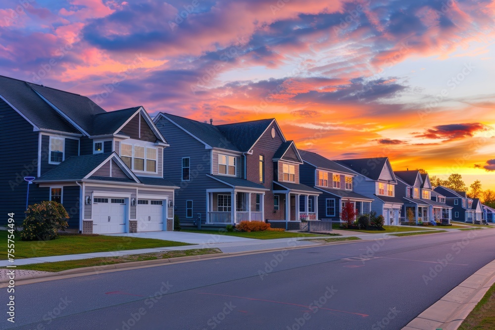 row of housing complexes with sunset in the background. The streets are quiet and peaceful. The setting sun creates warmth row of housing complexes with sunset in the background. The streets are quiet and peaceful. The setting sun creates warmth