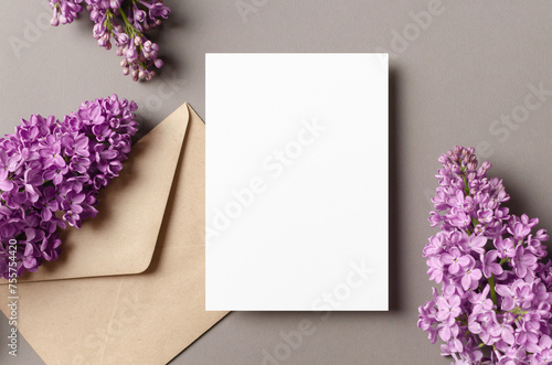 Invitation or greeting card mockup with envelope and spring lilac flowers