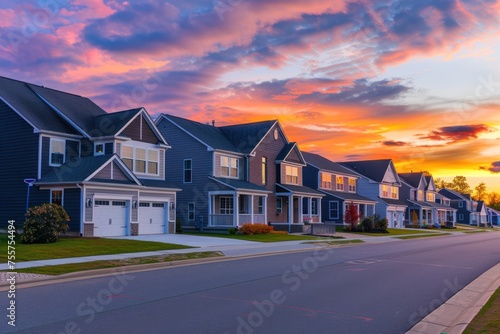 row of housing complexes with sunset in the background. The streets are quiet and peaceful. The setting sun creates warmth