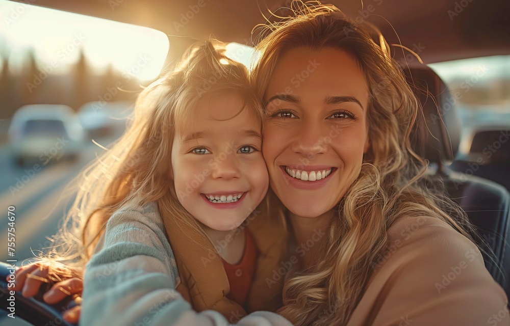 In the car, a joyful mother is tickling her daughter.
