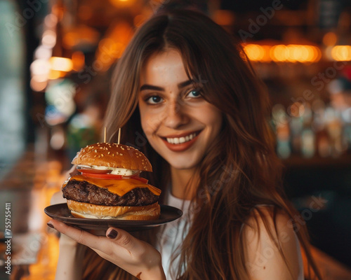 beautiful brunette model holding a cheeseburger on a plate up near her face generated by ai