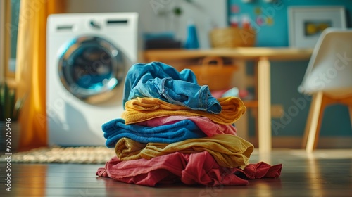 Pile of laundry in front of washing machine at home interior