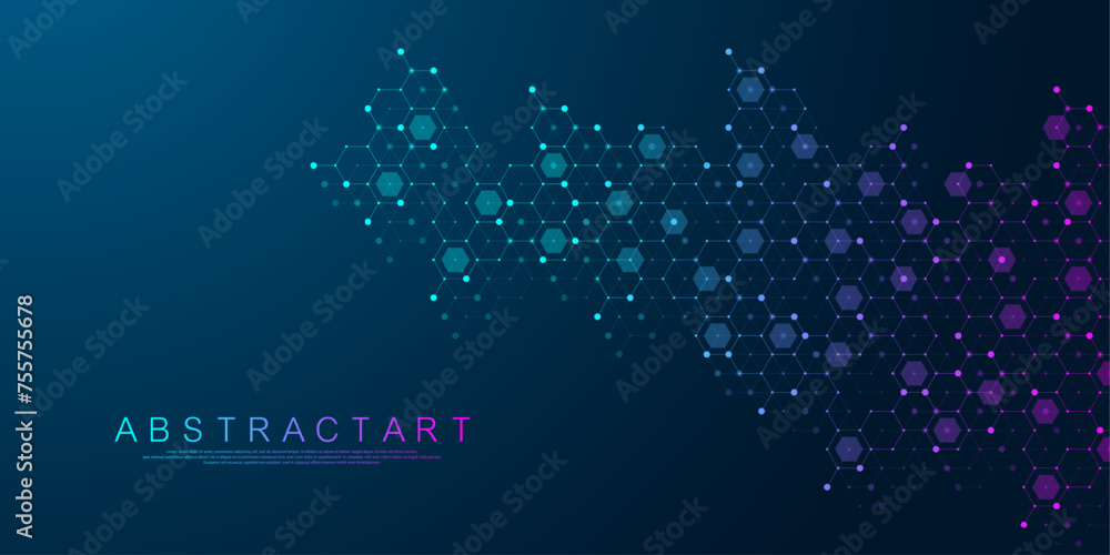 Obraz premium Modern health care or medical background design. Health care innovation concept. Horizontal header web banner. Abstract geometric background with hexagon shapes for medicine, science, chemistry.