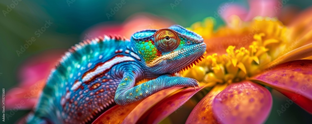 Chameleon On Flower in Sharp Colorful Detail
Chameleon On Flower in Sharp Colorful Detail