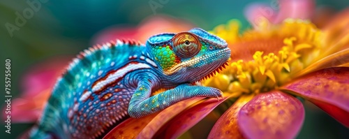 Chameleon On Flower in Sharp Colorful Detail 