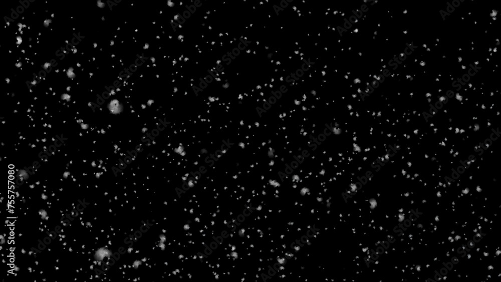 Realistic falling snow, alpha channel. Transparent background. Fairy snow. 3d illustration