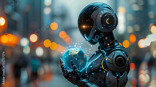 An advanced robotic figure is holding Earth with blurred lights in the background highlighting technology s role in world affairs 