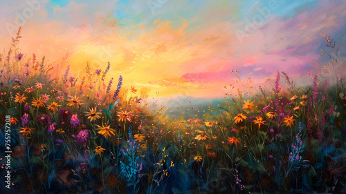 field of blooming flowers in the evening
