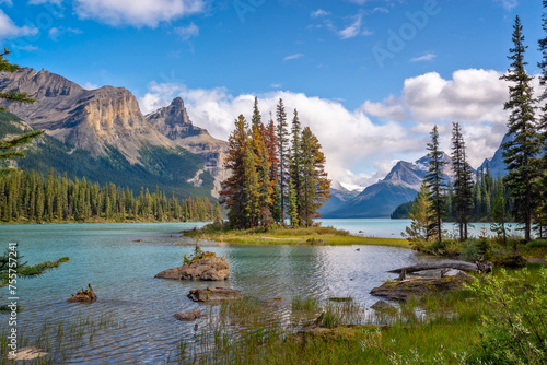 Spirit island in Maligne lake, Jasper National Park, Alberta, Rocky Mountains, Canada photo