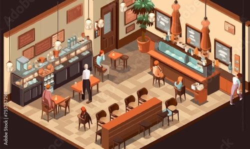 coffee shop interior isometric vector flat isolated illustration