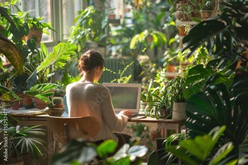 Woman working in sun-drenched home office with vibrant houseplants. Home workspace with an abundance of greenery and sunshine. Nature-inspired home office for productivity and well-being.