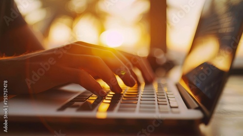 Hands on laptop keyboard with sunlight bokeh effect. Working from anywhere concept with bright outdoor light. Comfortable remote work in a sunny environment. photo
