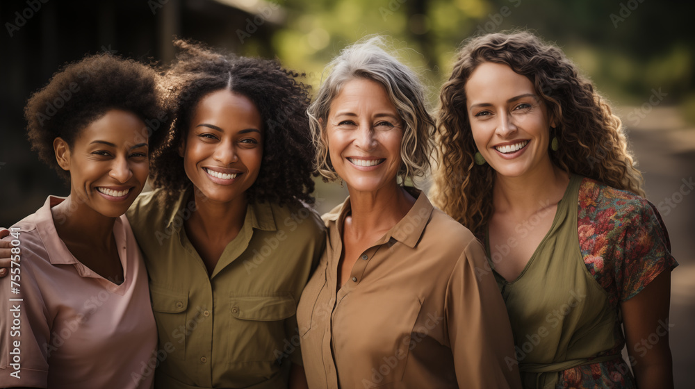 Portrait of four women middle age in a close, affectionate embrace, exuding a sense of unity and genuine happiness. - obrazy, fototapety, plakaty 