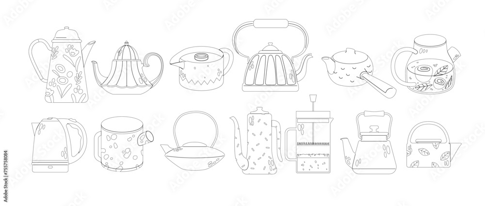 Teapots And Kettles Isolated Outline Vector Icons Set. Monochrome Vintage and Modern Decorative Kitchen Tools Teapots And Kettles Isolated Outline Vector Icons Set. Monochrome Vintage and Modern Decorative Kitchen Tools