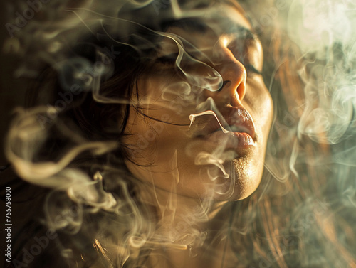 Close up portrait of a woman with a cigarette the smoke creating an aura of mystery around her