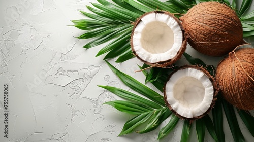 Fresh whole coconuts with green leaves on a textured surface. Tropical coconuts ready for refreshment. Whole coconuts with a natural backdrop perfect for health and nutrition.