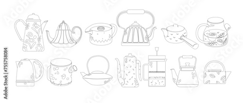 Teapots And Kettles Isolated Outline Vector Icons Set. Monochrome Vintage and Modern Decorative Kitchen Tools