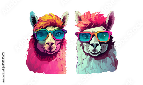 Alpacas wearing sunglasses on a white background, colorful clipart vector illustration