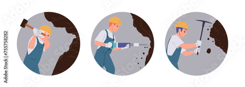 Isolated round composition with coal miners cartoon characters working in quarry underground cave