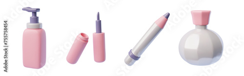 3D makeup cosmetic products vector set, perfume, eyeliner, lipstick and cream tube dispenser, makeup beauty accessories
