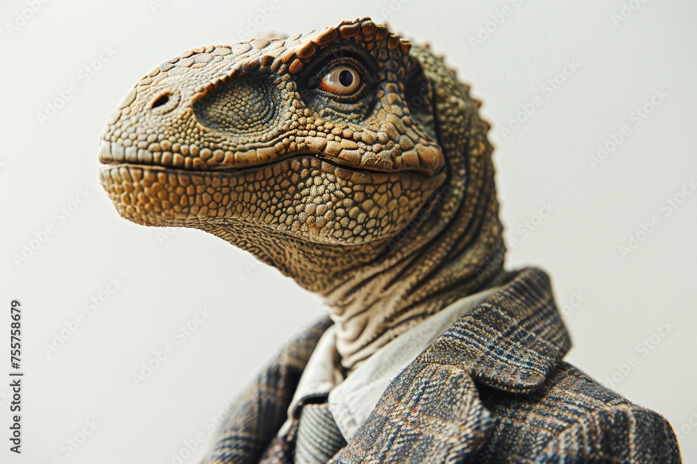 Dinosaur in a suit poses against a white background