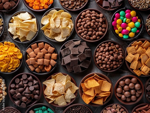 Assorted snacks array from salty chips to sweet chocolates