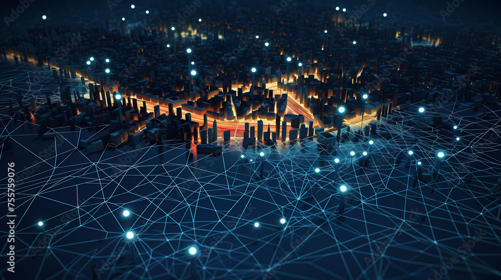 City map illustration, visualization of interconnected nodes in ...