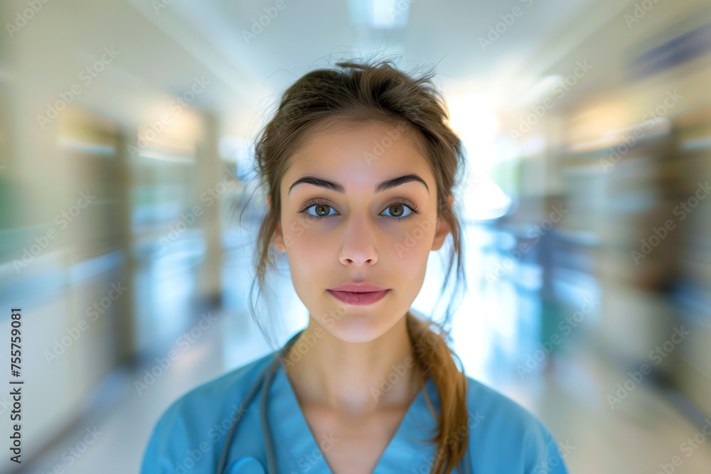 A portrait of a female health care medical worker, blurred background, motion blur, long exposure, bokeh. Created with Generative AI technology. A portrait of a female health care medical worker, blurred background, motion blur, long exposure, bokeh. Created with Generative AI technology.