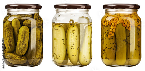 three pickle jars containing gourmet homemade pickled cucumbers with various spices photo
