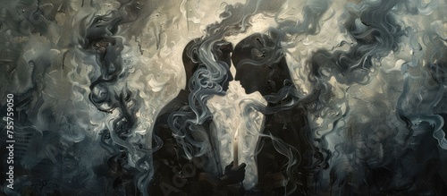 Tender Embrace Amidst Swirling Smoke and Intricate Textures - A Realistic Painting Inspired by Caravaggios Chiaroscuro Technique photo