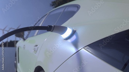Electric car charging on blue sky background. Car charging on the background of a windmills. Electric car charging on wind turbines background. 3d illustration