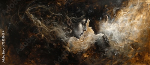 Tender Union in Swirling Smoke and Chiaroscuro Technique, A Captivating Moment of Intimacy and Love Inspired by Caravaggios Artistic Mastery photo