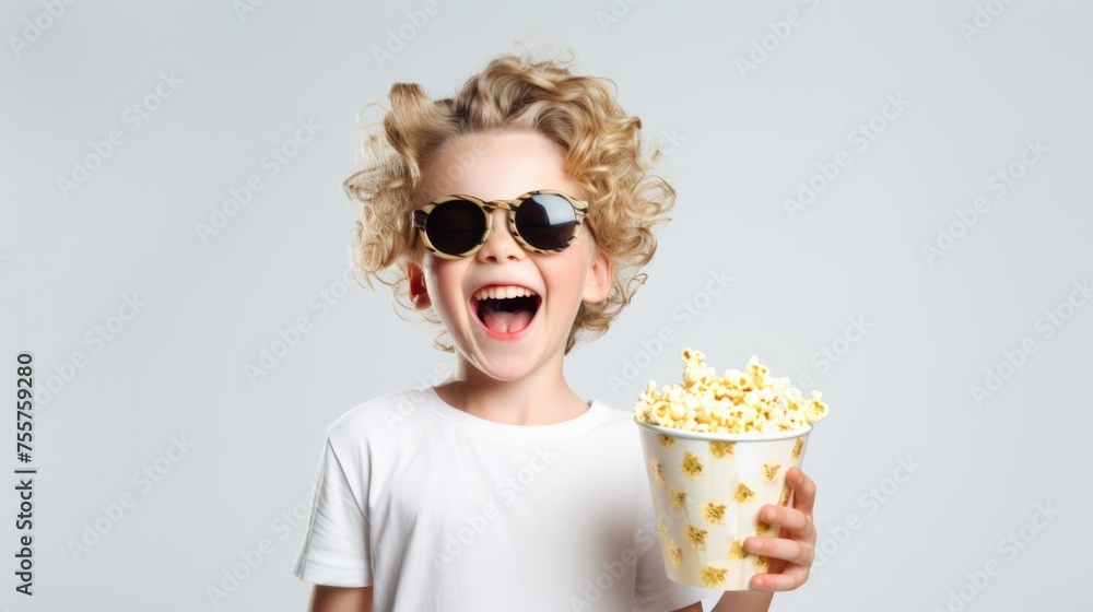 Little Boy Wearing Sunglasses Holding Cup of Popcorn Little Boy Wearing Sunglasses Holding Cup of Popcorn