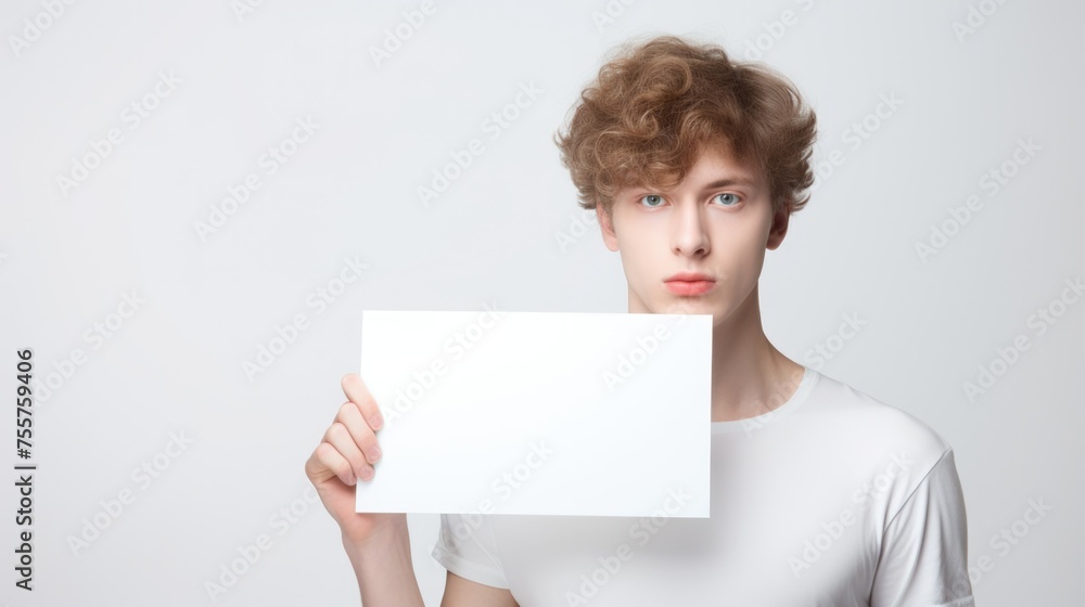Man Holding Up White Sign With Surprised Expression Man Holding Up White Sign With Surprised Expression