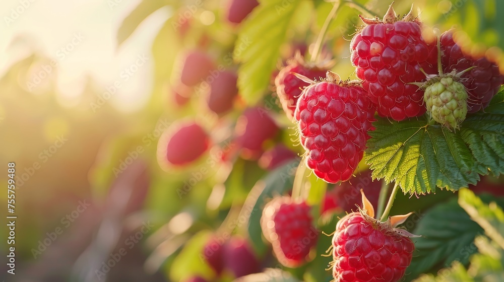 Ripe red raspberries growing in a lush field Ripe red raspberries growing in a lush field
