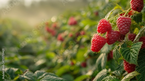 Ripe red raspberries growing in a lush field