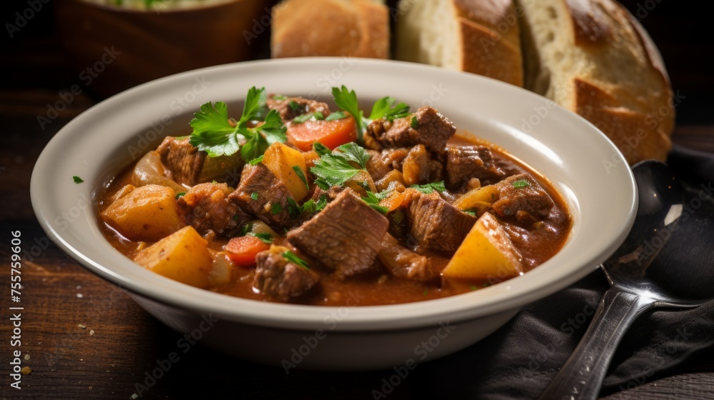 A bowl of hearty and satisfying beef stew with crusty bread A bowl of hearty and satisfying beef stew with crusty bread