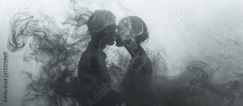 Romantic Couple Emerging from Smoky Tendrils A Captivating Engraving Style Depiction of Intimacy and Intricate High-Contrast Shadows