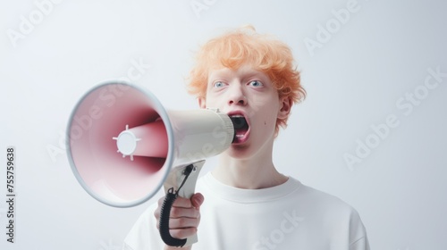 Young Man With Red Hair Shouting Into a Megaphone Against a White Background