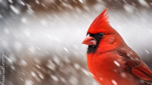A closeup of a red cardinal against white snow © Cloudyew