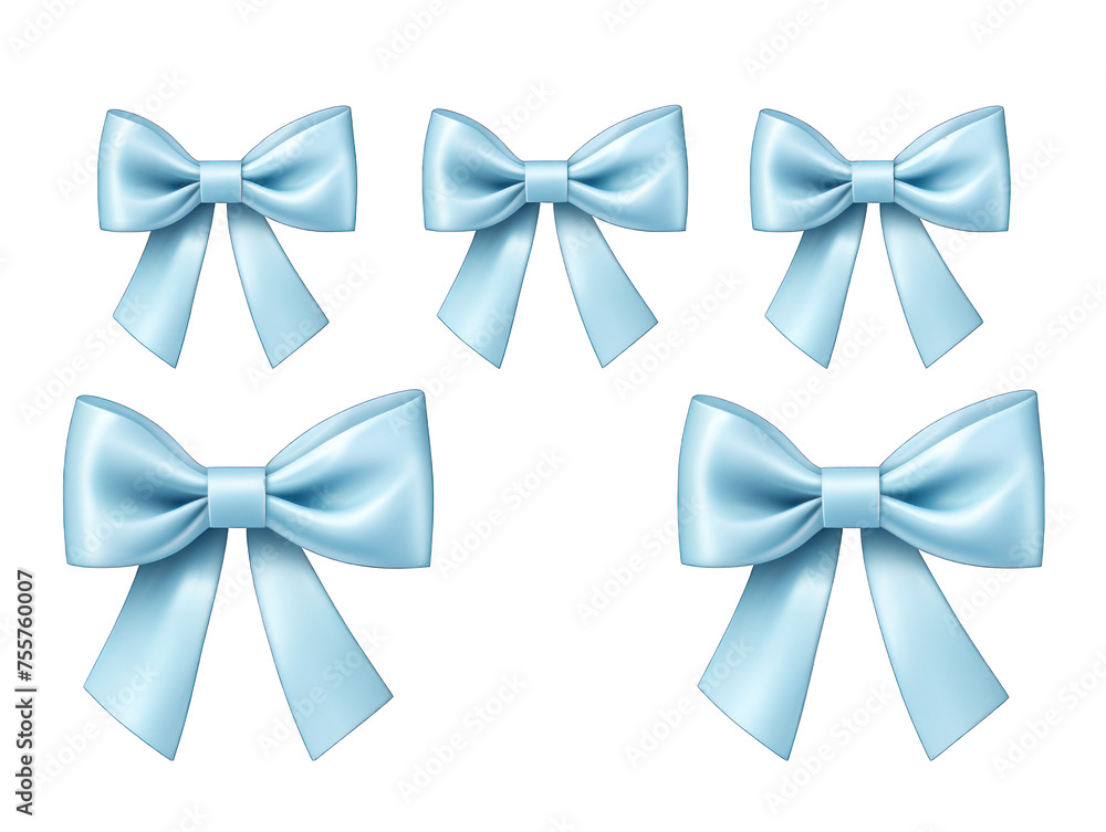 Set of blue satin ribbon and bow isolated on transparent background, transparency image, removed background