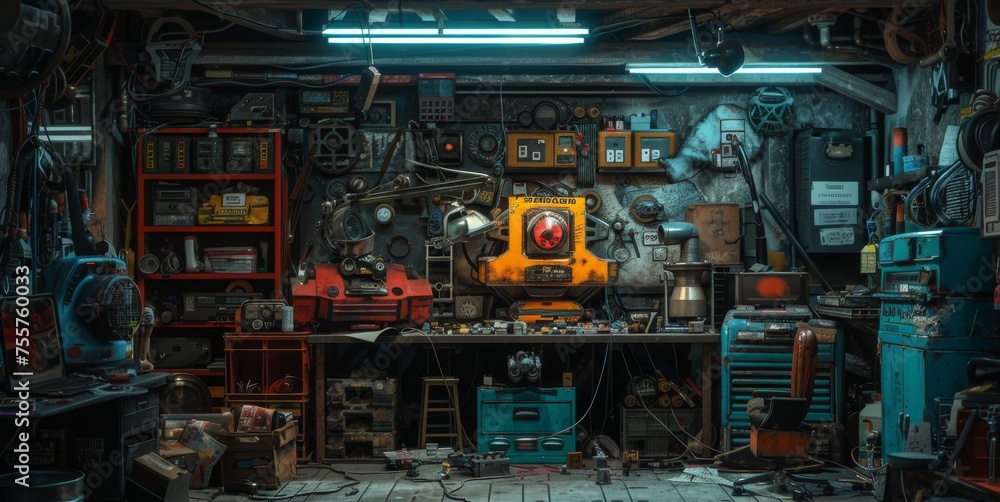 Post apocalyptic garage, a lone mechanic works on constructing a retro robot from pieces of scrap metal and old machinery