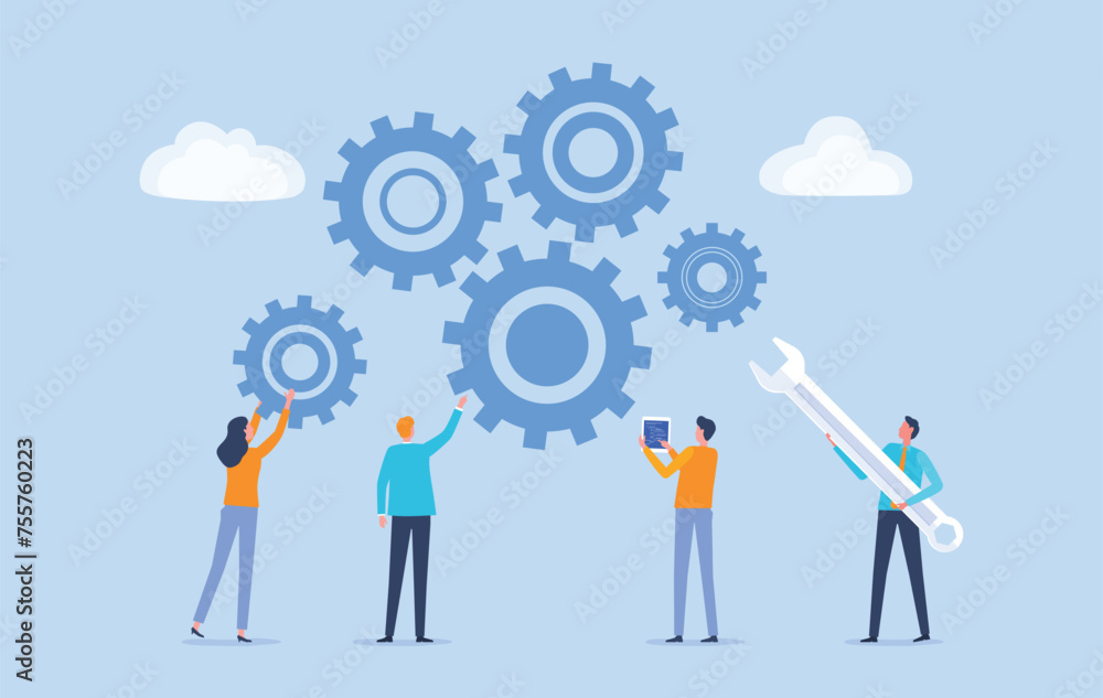 Flat vector illustration design Business process concept and business team working meeting for project brainstorming with developer creative planning management concept Flat vector illustration design Business process concept and business team working meeting for project brainstorming with developer creative planning management concept