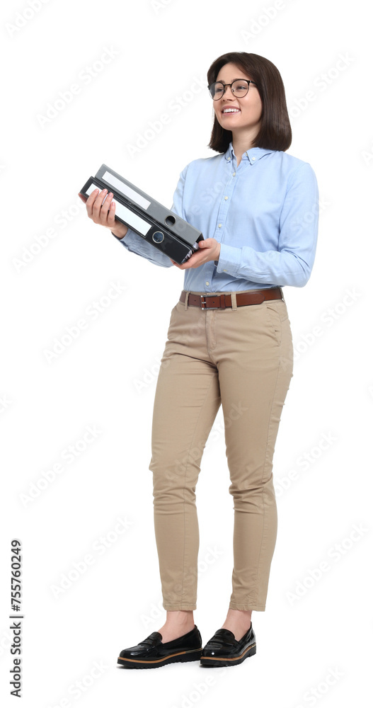 Happy businesswoman woman with folders on white background Happy businesswoman woman with folders on white background