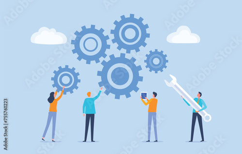 Flat vector illustration design Business process concept and business team working meeting for project brainstorming with developer creative planning management concept