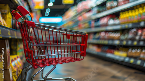 Supermarket aisle with empty red shopping cart. Personal perspective of a shopper pushing shopping trolley along product aisle while shopping in a supermarket. woman with shopping between store shelf.