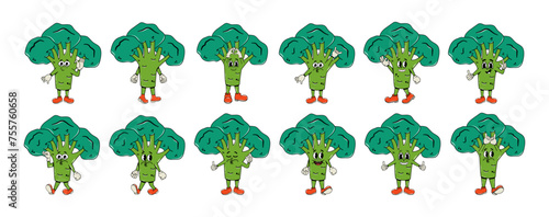 Set of characters in groovy style. Vegetables, broccoli in a comic  hippie 70s style. Vector illustration. Isolated.  Character y2k element. Shapes psychedelic. Collection of faces and hands. Sticker  © Валерия Богданова